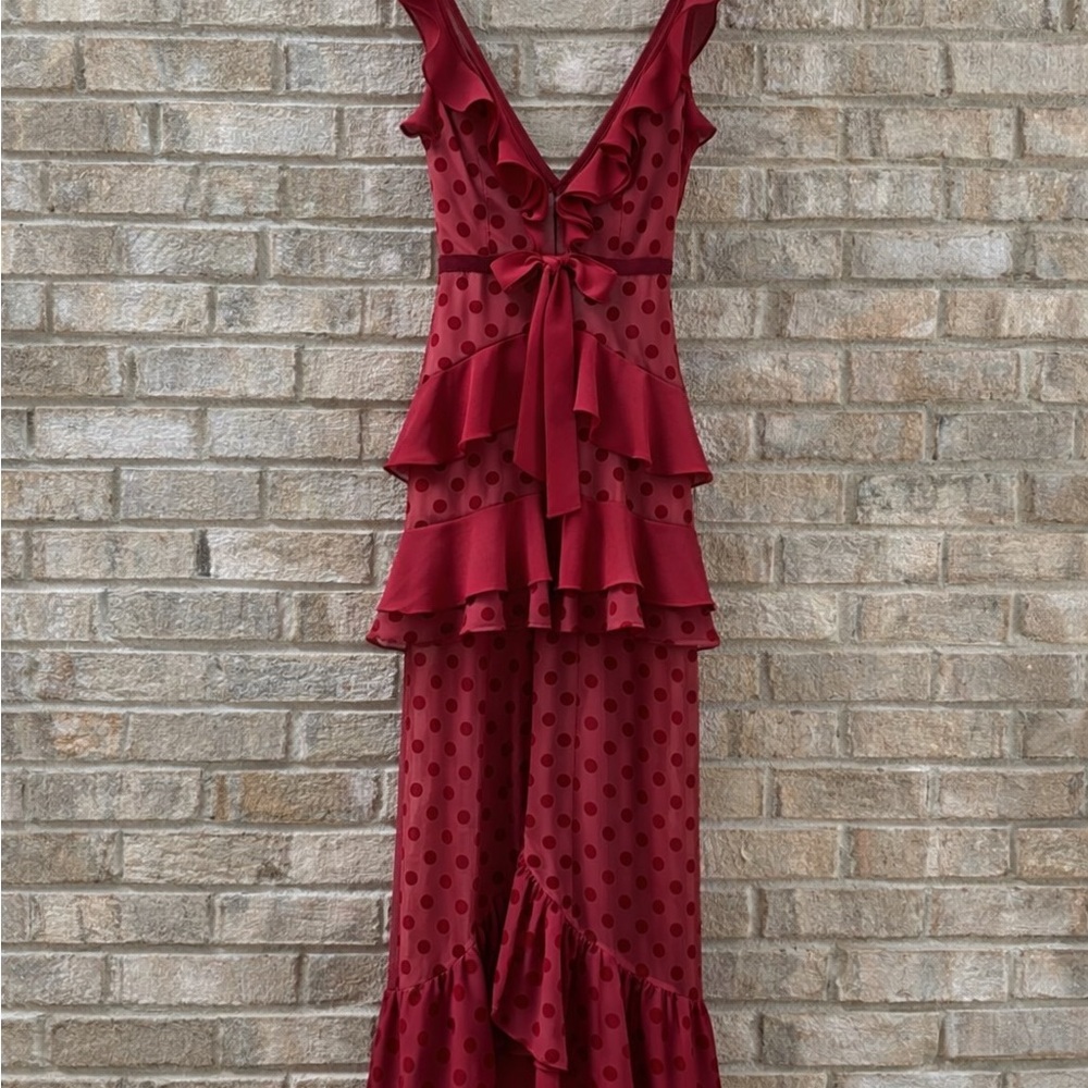 For Love And Lemons Burgundy Dotty Ruffle Midi Dress